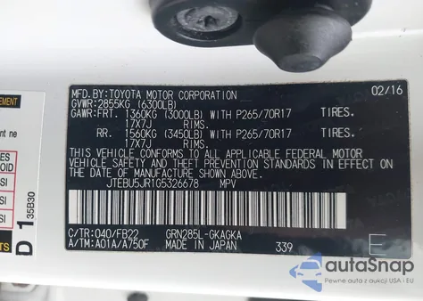 2016 Toyota 4Runner Sr5 z USA, uszkodzony, nr VIN JTEBU5JR1G5326678